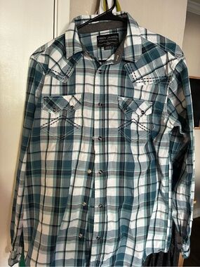 Cody James Teal & White Plaid Authentic Western Shirt Size M